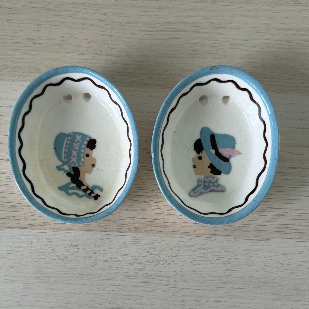 Vintage Hand Painted Ceramic Boy Girl Wall Pockets Set Blue White Oval Bowls